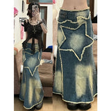 Stetnode 2000s Retro Y2K Aesthetics Grunge Long Skirt Vintage Mall Goth Streetwear Hippie Style Vintage Star Tassel Pattern Denim Skirts