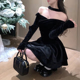 Stetnode  Off-shoulder Sexy Slim Velvet Black Long-sleeved Dress Women 2024 Spring New Korean Fashion Bow Pleated Halter Party Dress