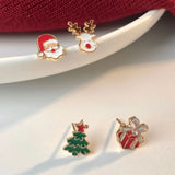 Stetnode 4 Pcs/set Cute Small Enamel Christmas Earrings for Women Trendy Santa Claus Elk Xmas Tree Stud Earrings Girls Party Jewelry Gift