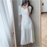 Stetnode Vintage V-neck Slim Chiffon Women Dress Elegant Puff- Sleeve White Ladies Dresses 2024 Summer Party Pink Midi Dresses Vestidos