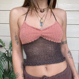 Stetnode Y2K Fairy Coquette Vintage Tank Vest Summer Knitted Patchwork Crop Tops 2000s Retro Grunge Backless Halter Tops Women Camis