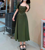 Stetnode 2024 Spring and Summer outfitSummer Elegant Party Casual Lady Long Dresses Retro Folds Puff Sleeves Fashionable Sexy Design Slimming Waist Green Dress