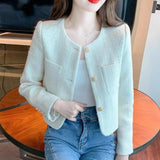 Stetnode Korean Fashion Tweed Cropped Jackets for Women 2024 Spring Round Neck Chic Coat Woman Beige Single-Breasted Jacket Female