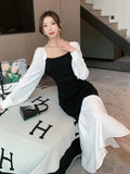 Stetnode Women Summer French Vintage Dresses New Fashion Elegant Mermaid Dress French Chic Long Sleeve Slim Robe Female Clothing