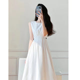 Stetnode 2024 Summer Women Sleeveless White Black Midi Dresses Hepburn Chic Elegant Casual Evening Party O-Neck Sundress Female Vestido