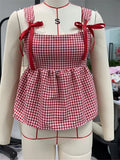 Stetnode Y2k Tank Top Sleeveless Women Red Gingham Bow Tie Down Camisole Ruffle Hem Peplum Tops Summer Streetwear