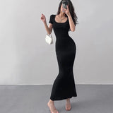 Stetnode 2024 Summer Solid Color Slim Long Dress Women Short Sleeve Skinny Bodycon Maxi Dresses Woman Square Collar Party Vestidos Mujer