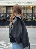 Stetnode Winter New Stripe Print Woolen Coat With Tassels Scarf Women Long Sleeve Buttons O-neck Loose Jacket 2024 Fashion Female Outwear