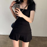 Stetnode Ruched Black Dress Women Square Collar Short Sleeve Slim Mini Dress Summer Korean Fashion Folds Ruffles Bodycon Sundress