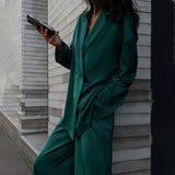 Stetnode Fashion Long Sleeve Blazer Two Piece Sets Women Outifits Casual Loose Office Pants Set Elegant Green Satin Trouser Suits