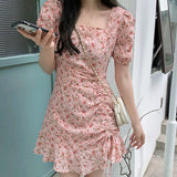 Stetnode Spring Outfit 1pc Sweet Fragment Floral Dress Shirr Sweet Ruffle Dress Puff Sleeve Girls Summer Short Dress Fashion Sexy Slim Mini Lace Dress