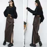 Stetnode Black High Waist Folds Side Split Pu Leather Skirts For Women Autumn Winter Elegant Brown Bodycon Long Skirts