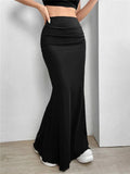 Stetnode Solid Bodycon Ruched Long Skirt Women Sexy Black Elastic Elegant High Waist Mermaid Maxi Skirts Summer Streetwear