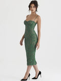 Stetnode Elegant Vintage Green Lace Midi Birthday Party Dresses Luxury Spaghetti Strap Evening Cocktail Dress Women 2024 Summer