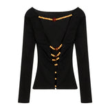 Stetnode Off Shoulder Blackless T Shirts Women Sexy Coquette Aesthetic Crop Tops Wooden Beaded Solid Long Sleeve Tees 2024 New