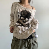 Stetnode Harajuku Grunge Y2K Aesthetics Retro Jumpers Skeleton Print Hollow Out Knitted Sweater Autumn Full Sleeve Pullovers Korean