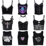 Stetnode Harajuku Grunge Corset Crop Top Lace Trim Sleeveless Tank Top E-girl Gothic Black Emo Alt Clothes y2k Punk Vest Women Streetwear