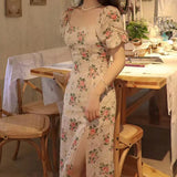 Stetnode Spring Outfit 1pc France Style Slim Fit Dress Summer High Slit Puff Sleeve Sweet Dress Women Fashion Square Neck Print Rose Floral Long Dress