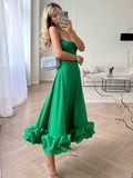 Stetnode 2024 Women Spaghetti Strap A-line Ruffles Pink Evening Dresses Elegant Sweet Sleeveless Backless Zip-up Green Party Prom Dress