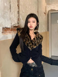 Stetnode American V-neck Leopard Print Fur Collar Cardigan Autumn Winter New Sweaters Coat Women Y2k Slim Fit Long Sleeve Tops Mujer