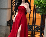 Stetnode Aiertu French Elegant White Strap Midi Dress  Summer New Casual Evening Party Dress Women Beach Sleeveless Lace-up Red Dress Korean