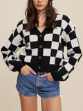 Stetnode Y2k Vintage Checkerboard Crop Cardigan V-neck Button Up Knitted Sweaters Women Autumn Winter Outfits