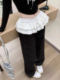 Stetnode Korean Style Black Wide Leg Pants Women Aesthetic Sweet Girl Patchwork Sweatpants Kpop Casual Elastic Pantalones Mujer