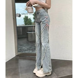 Stetnode Streetwear Women Jeans Korean Retro Tassel Split Flared Pants Casual All Match Female High Waist Straight Denim Trousers