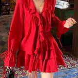 Stetnode Elegant V-neck Ruffles Long Sleeve Tops Women+ Y2k E-Girl High Waist Ruched A-line Skirts Spring New Red Two Piece Sets