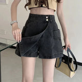 Stetnode Korean Style High Waist Skirt Shorts Women 2024 Summer Pockets Denim Shorts Woman Double Button A Line Skirt Pants Female