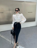 Stetnode Elegant Stand Collar Fungus Bow Letter Print Blouses 2024 Autumn Winter New Shirts Women Y2k Long Sleeve White Blusas Mujer