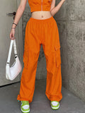 Stetnode Women's Halloween Low Waist Baggy Cargo Pants Drawstring Loose Jogger Pants Orange Wide Leg Pants Trendy Sweatpants Streetwear