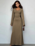 Stetnode  Neck Lace-Up Ribbed Maxi Dress Female Long Sleeve Fashion Slim Loose Bandage Dress Autumn Solid Women Dress New