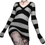 Stetnode E-girl Mall Goth Emo 00s Vintage Mini Dress Y2K Grunge Striped Knitted V Neck Sweater Dress Women Autumn Spring Slim Fit Jumpers