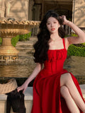 Stetnode Aiertu French Elegant White Strap Midi Dress  Summer New Casual Evening Party Dress Women Beach Sleeveless Lace-up Red Dress Korean