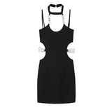 Stetnode Spring Outfit Summer Black Hollowed Out Elegant Chain Sexy Halter Mini Dress For Women Off-shoulder Backless Bodycon Club Party Wrap Hip Dress