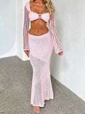 Stetnode Women Hollow Out Knitted 2 Piece Skirt Set Long Sleeve Square Neck Crop Tops + Long Skirts Y2K Aesthetic Beach Sexy Streetwear