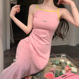 Stetnode Spring Outfit Sleeveless Dress Women Pink Halter Sundress Girl Sweet Sexy Retro Streetwear Harajuku Long Dresses