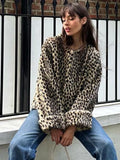 Stetnode Fashion Leopard Printed Round Neck Jacket Women Elegant Single Breasted Long Sleeve Short Coats 2024 New Lady Street Outerwear