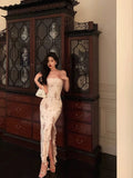 Stetnode Classy Sheath Strapless Floral Ivory Long Prom Dresses Birthday Outfits Evening Gown SD1001