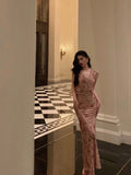 Stetnode Sexy Sheath V Neckline Long Pink Floral Prom Dresses Birthday Outfits Evening Gown SD1002