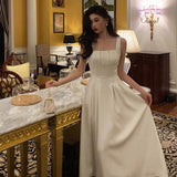 Stetnode Sexy A line Square Neckline White Satin Prom Dresses Birthday Outfits Evening Gown SD1003