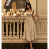 Stetnode Sexy A line Square Neckline White Satin Prom Dresses Birthday Outfits Evening Gown SD1003