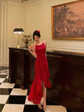 Stetnode Classy High Low Spaghetti Straps Red Long Prom Dresses Birthday Outfits Evening Gown SD1004