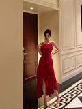 Stetnode Classy High Low Spaghetti Straps Red Long Prom Dresses Birthday Outfits Evening Gown SD1004