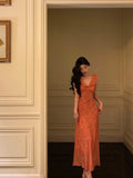 Stetnode Classy A line V neckline Orange Chiffon Long Prom Dresses Birthday Outfits Evening Gown SD1011