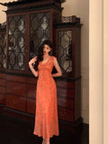 Stetnode Classy A line V neckline Orange Chiffon Long Prom Dresses Birthday Outfits Evening Gown SD1011