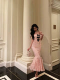 Stetnode Classy Mermaid Strapless Lace Pink Prom Dresses Birthday Outfits Evening Gown SD1015