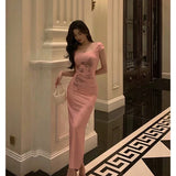 Stetnode Sexy Sheath Square Neckline Pink Prom Dresses Slit Birthday Outfits Evening Gown SD1021