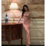 Stetnode Sexy Sheath Square Neckline Pink Prom Dresses Slit Birthday Outfits Evening Gown SD1021